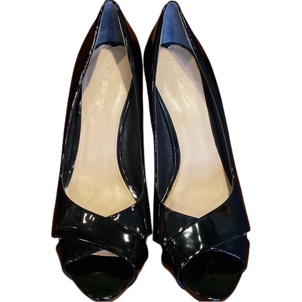 Via Spiga Black Patent Leather High Heel Pumps With Peep Toe Size 10 N
